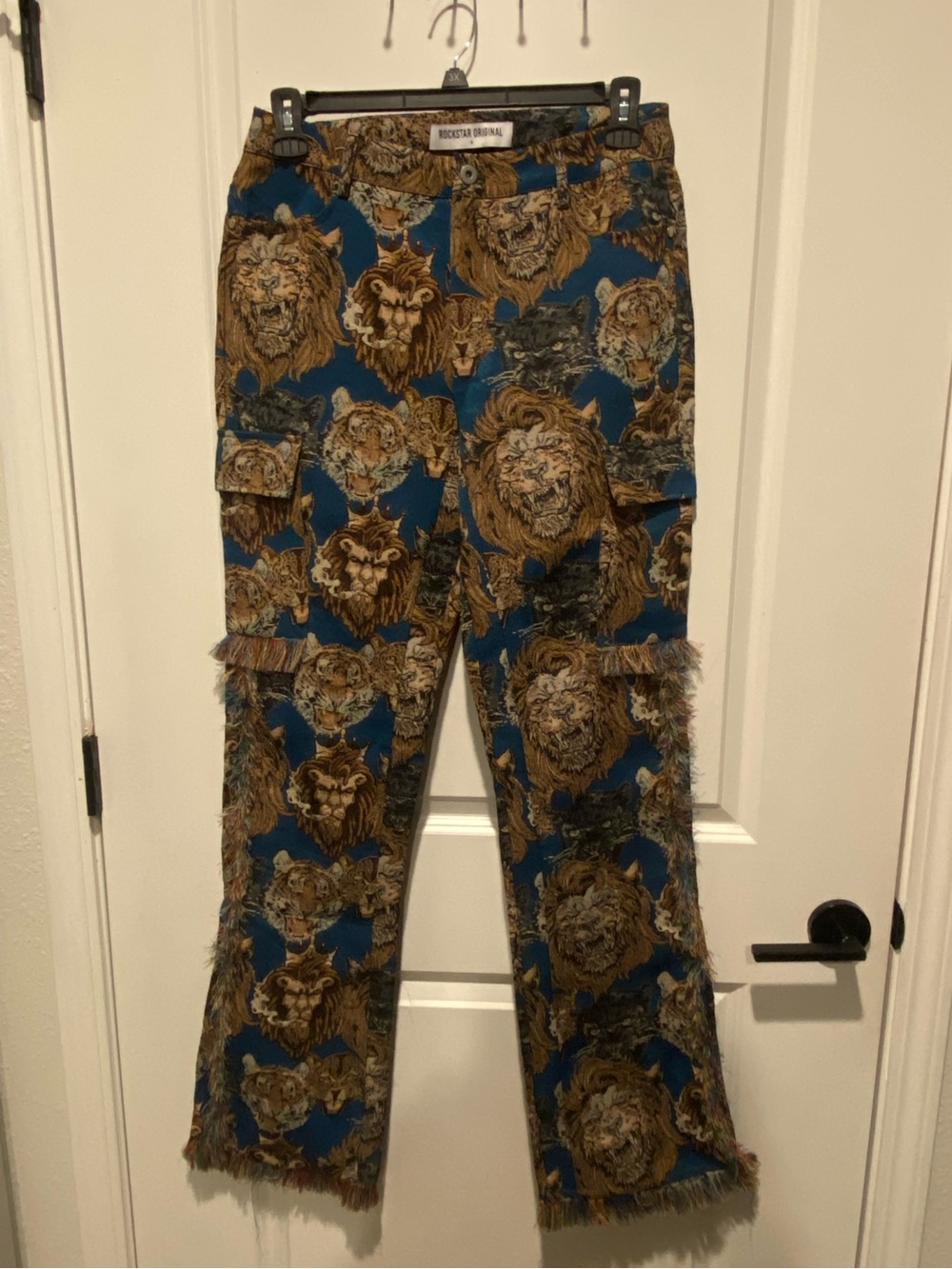 Rockstar Original Lion & Tiger Tapestry Fringe Cargo Pants Size M